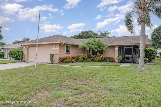 ranch-style home with a garage and a front yard