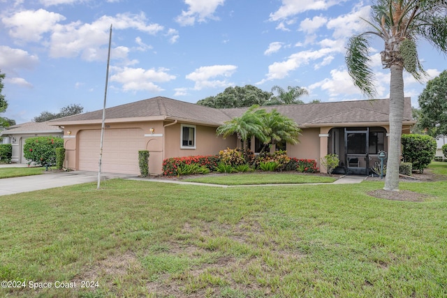 1531 Independence Ave, Melbourne, FL 32940 - ranch-style house with driveway, stucco siding, a front yard, and a garage