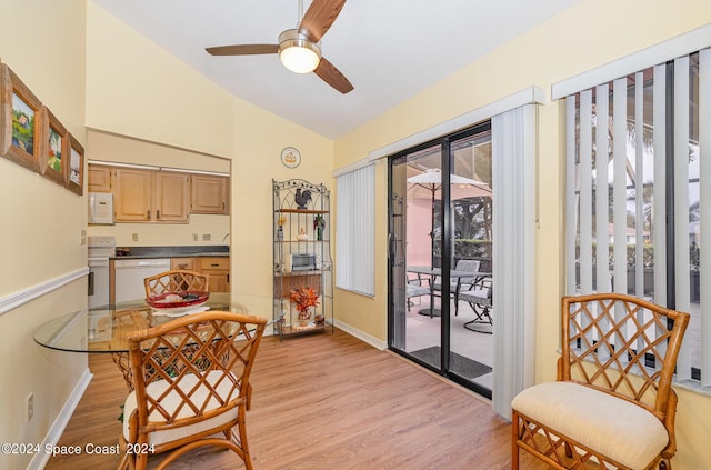 1531 Independence Ave, Melbourne, FL 32940 - dining area featuring a ceiling fan, light wood-style floors, baseboards, and lofted ceiling