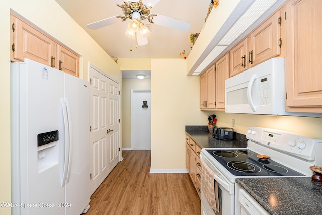 1531 Independence Ave, Melbourne, FL 32940 - kitchen with white appliances, baseboards, light wood finished floors, ceiling fan, and light brown cabinets