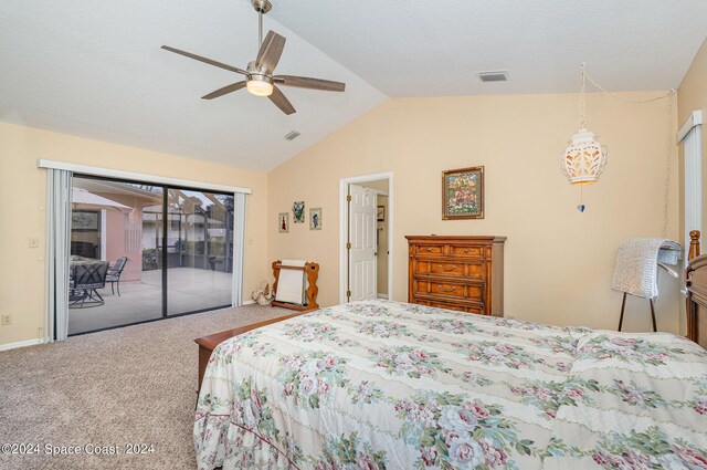 bedroom featuring ceiling fan, carpet flooring, vaulted ceiling, and access to outside