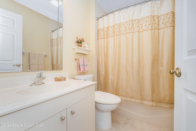 full bathroom featuring vanity, tile patterned flooring, shower / bath combination with curtain, and toilet