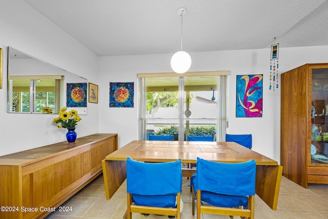 tiled dining room with a textured ceiling and a healthy amount of sunlight