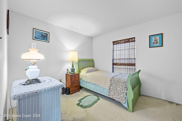 bedroom with carpet floors and a textured ceiling