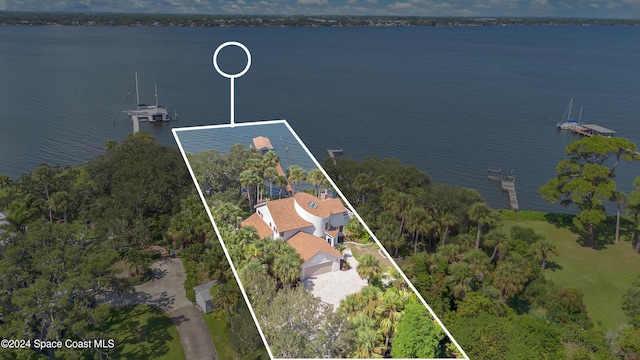 birds eye view of property with a water view