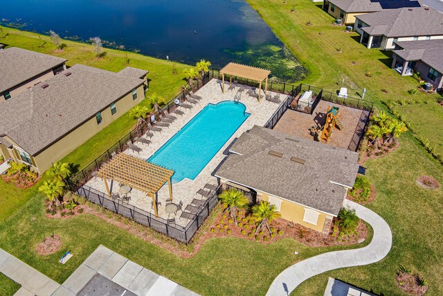 aerial view featuring a water view