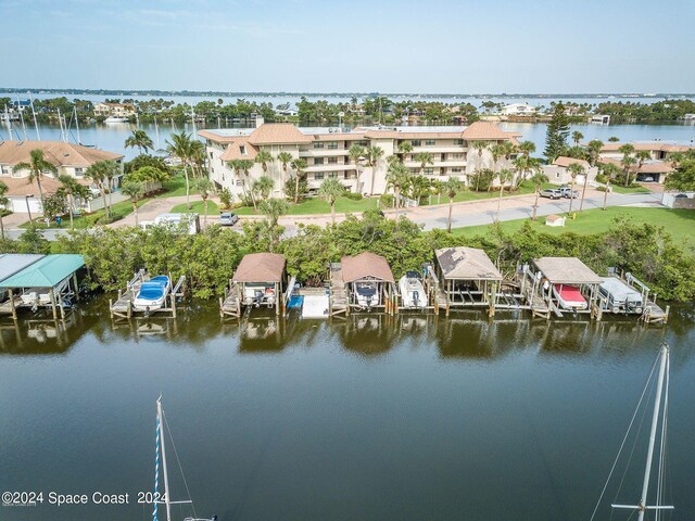 drone / aerial view featuring a water view