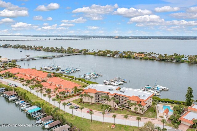 aerial view featuring a water view