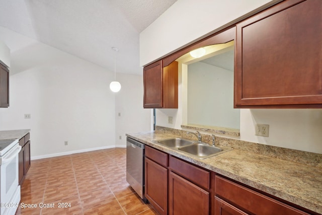 kitchen featuring pendant lighting, dishwasher, electric range, light tile patterned flooring, and sink