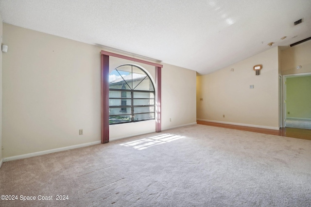 carpeted spare room with lofted ceiling and a textured ceiling