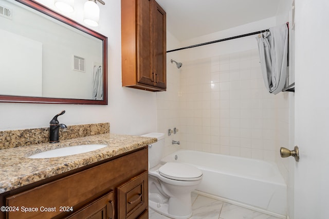 full bathroom with shower / bathtub combination with curtain, toilet, and vanity