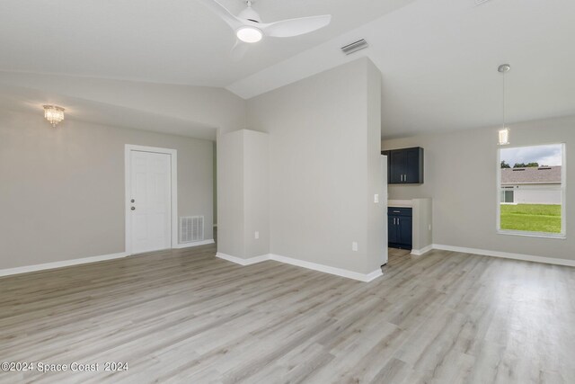 unfurnished living room featuring lofted ceiling, ceiling fan, and light hardwood / wood-style floors