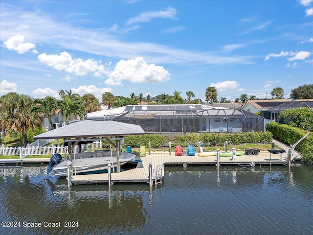 view of dock featuring a water view and a lanai