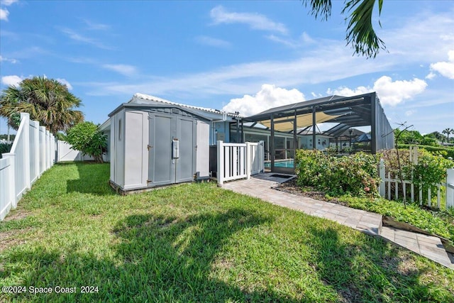 exterior space with a storage unit and glass enclosure