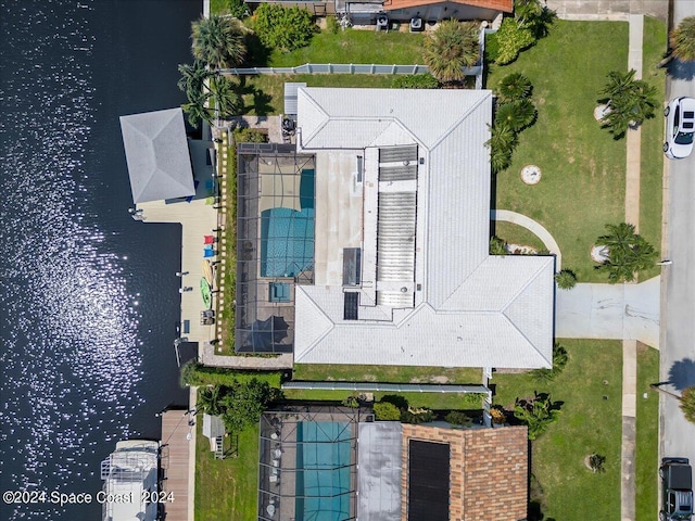 drone / aerial view with a water view