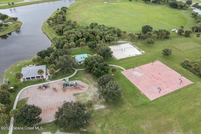 drone / aerial view with a water view