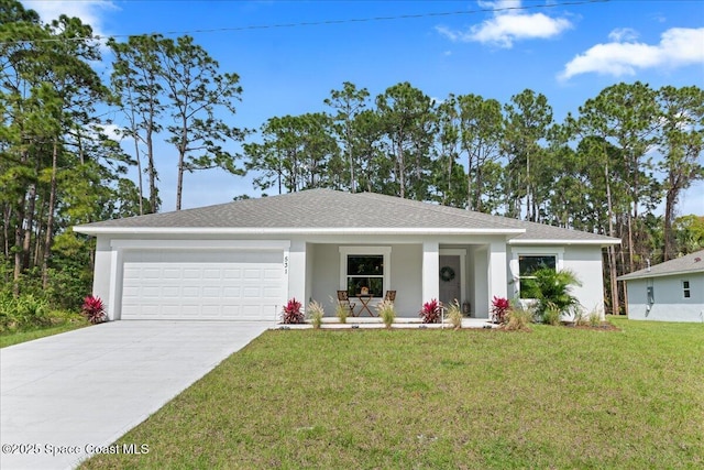 ranch-style house with a garage, concrete driveway, a front lawn, a porch, and stucco siding