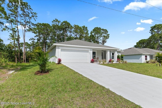 ranch-style house with concrete driveway, an attached garage, a front lawn, and stucco siding