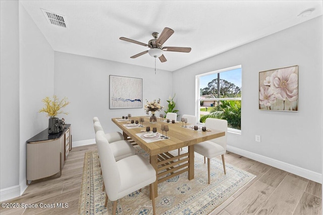 dining room with light wood-type flooring, baseboards, visible vents, and ceiling fan