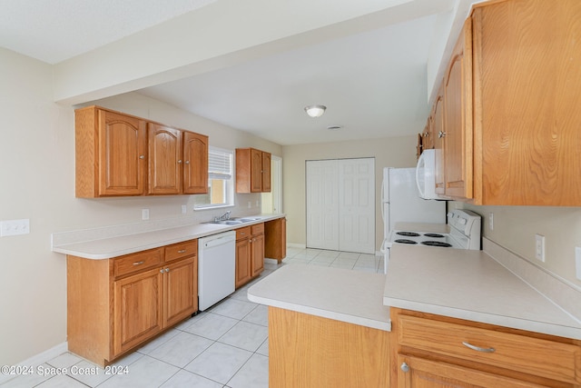 kitchen featuring light tile patterned floors, sink, and white appliances