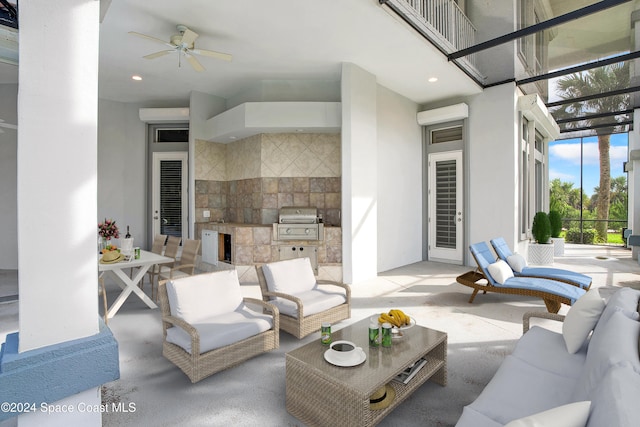 view of patio featuring an outdoor hangout area, area for grilling, a grill, and ceiling fan