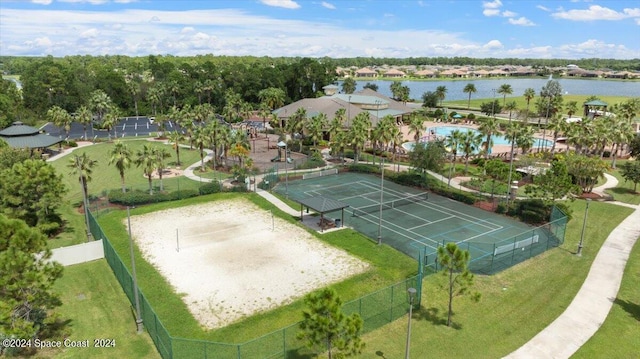 bird's eye view with a water view