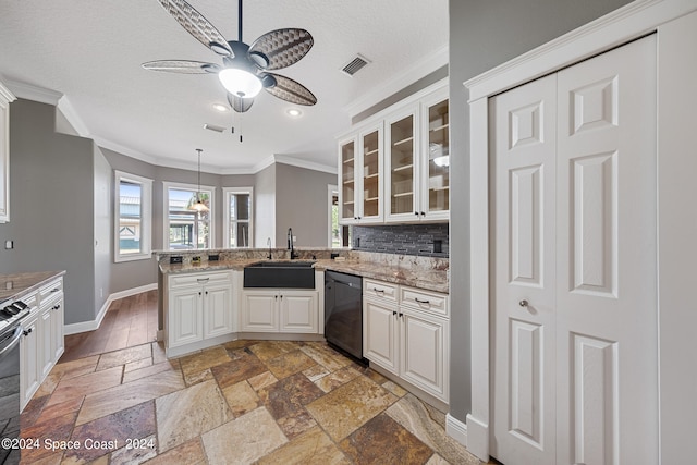 kitchen featuring ceiling fan, sink, kitchen peninsula, white cabinetry, and dishwasher