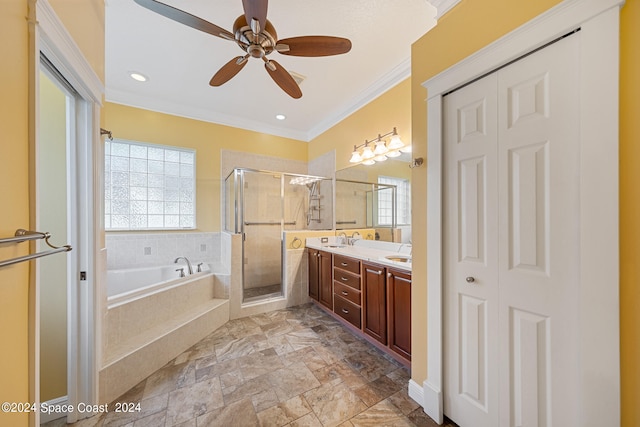 bathroom with independent shower and bath, vanity, ornamental molding, and ceiling fan