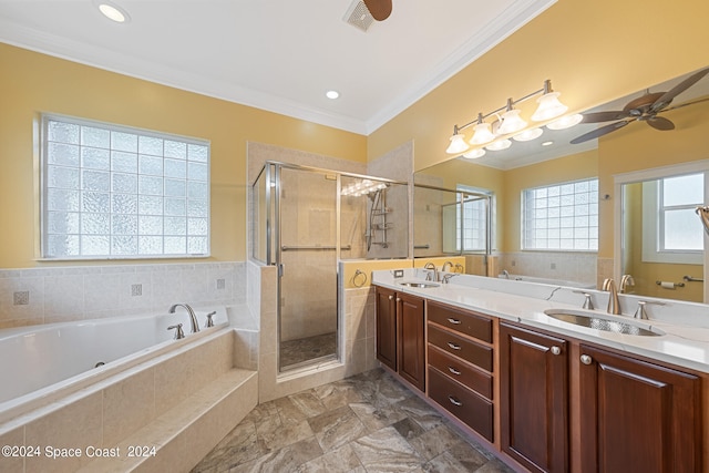 bathroom with ceiling fan, vanity, ornamental molding, and independent shower and bath