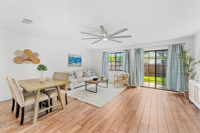 interior space with light hardwood / wood-style floors and ceiling fan