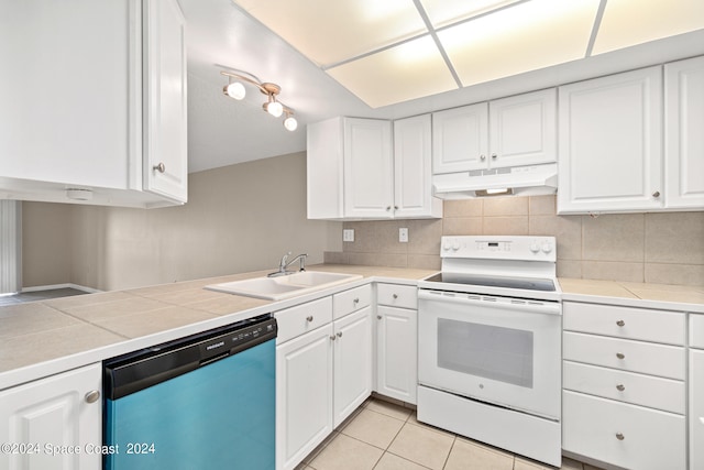 kitchen featuring white cabinets, white electric range oven, sink, and stainless steel dishwasher