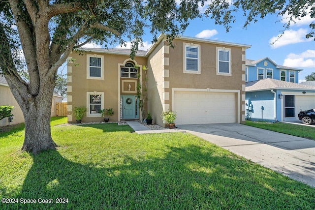 1710 Brookshire Cir, Melbourne, FL 32904 - view of front of house featuring driveway, fence, a garage, a front yard, and stucco siding