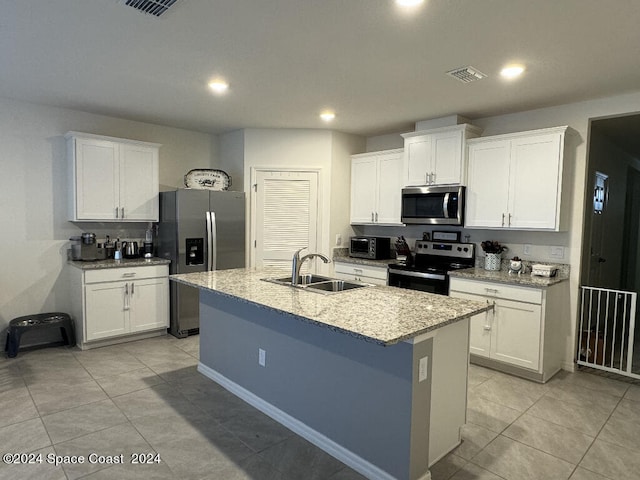 kitchen featuring an island with sink, white cabinetry, appliances with stainless steel finishes, and sink