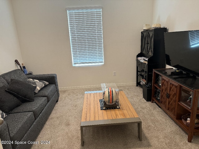 living room featuring light carpet