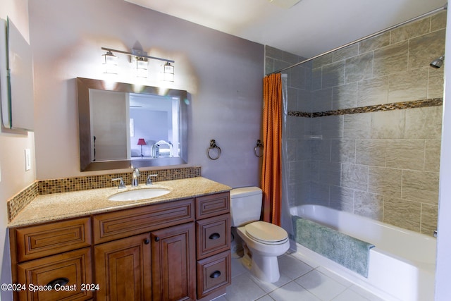 full bathroom with vanity, tile patterned flooring, toilet, and shower / bathtub combination with curtain