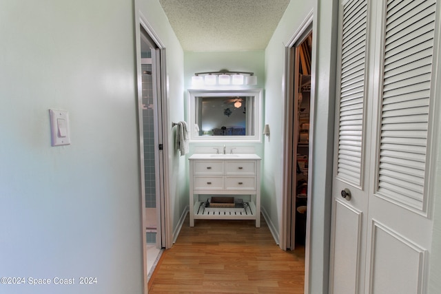 hallway featuring a textured ceiling, sink, and light hardwood / wood-style floors