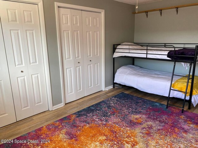 bedroom featuring multiple closets and hardwood / wood-style floors