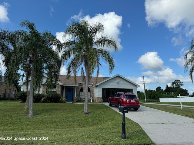 single story home featuring a front yard and a garage