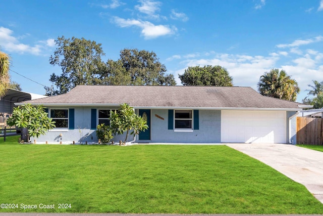 ranch-style house featuring a front yard and a garage