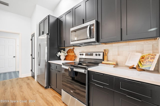 kitchen featuring tasteful backsplash, appliances with stainless steel finishes, and light wood-type flooring