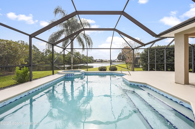 view of pool with a patio, an in ground hot tub, a water view, and glass enclosure