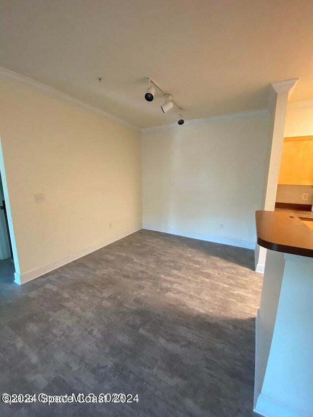 carpeted empty room with crown molding and rail lighting