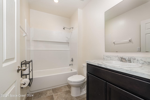 full bathroom with bathing tub / shower combination, vanity, and toilet