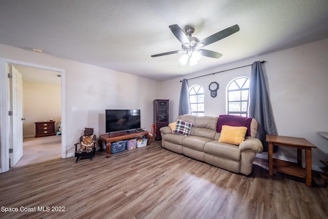 living room featuring wood-type flooring and ceiling fan