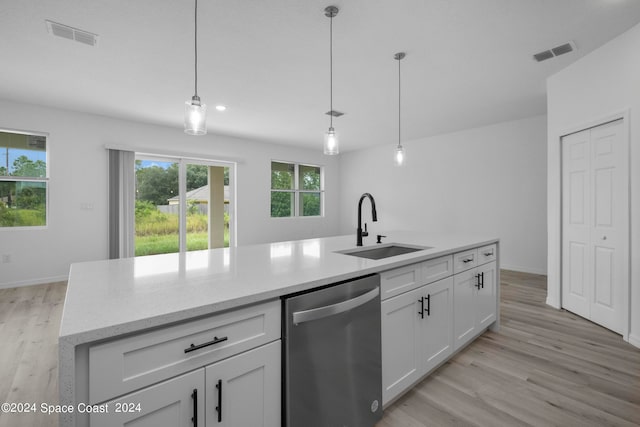 kitchen featuring a sink, stainless steel dishwasher, white cabinetry, and visible vents