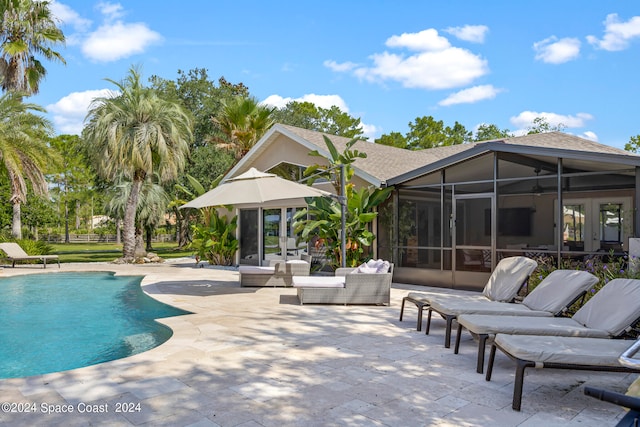 view of swimming pool featuring an outdoor hangout area and a patio