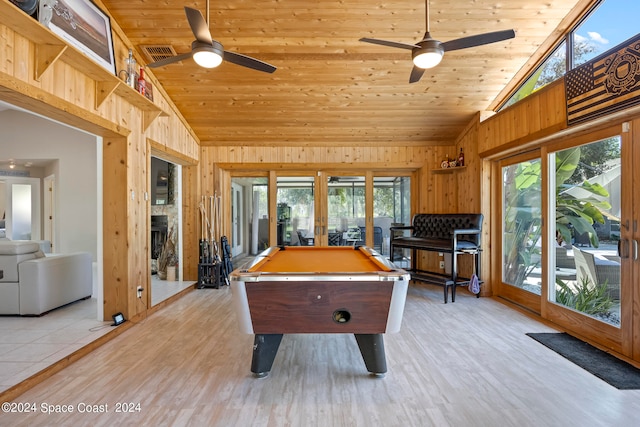 recreation room featuring light hardwood / wood-style flooring, ceiling fan, billiards, and french doors