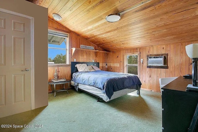 carpeted bedroom featuring wooden ceiling, lofted ceiling, wood walls, and a wall mounted AC