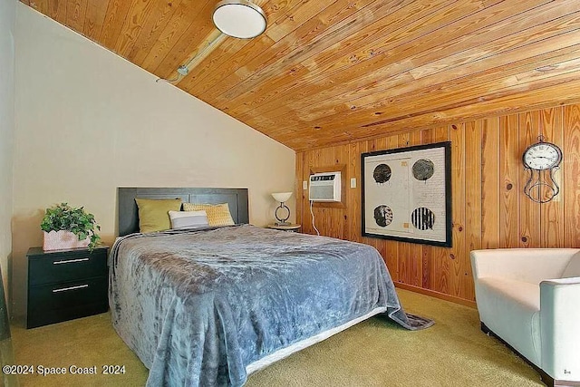 carpeted bedroom with wood walls, wood ceiling, vaulted ceiling, and an AC wall unit