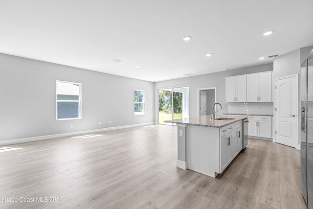 kitchen with white cabinets, a kitchen island with sink, plenty of natural light, and stainless steel dishwasher